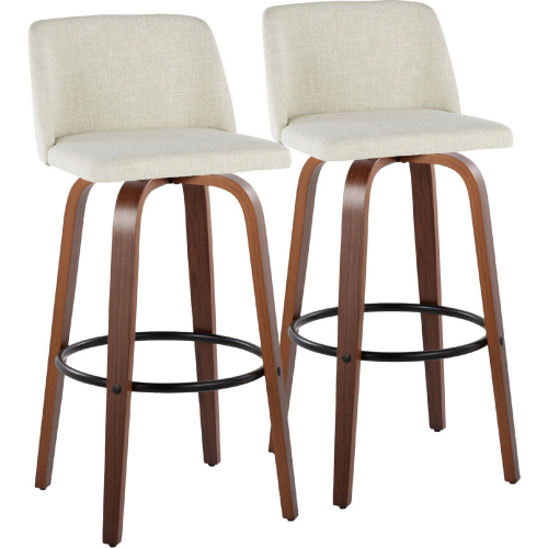 Toriano 30" Swivel Bar Stool in Walnut Wood & Cream Fabric w/ Black Footrest (Set of 2)